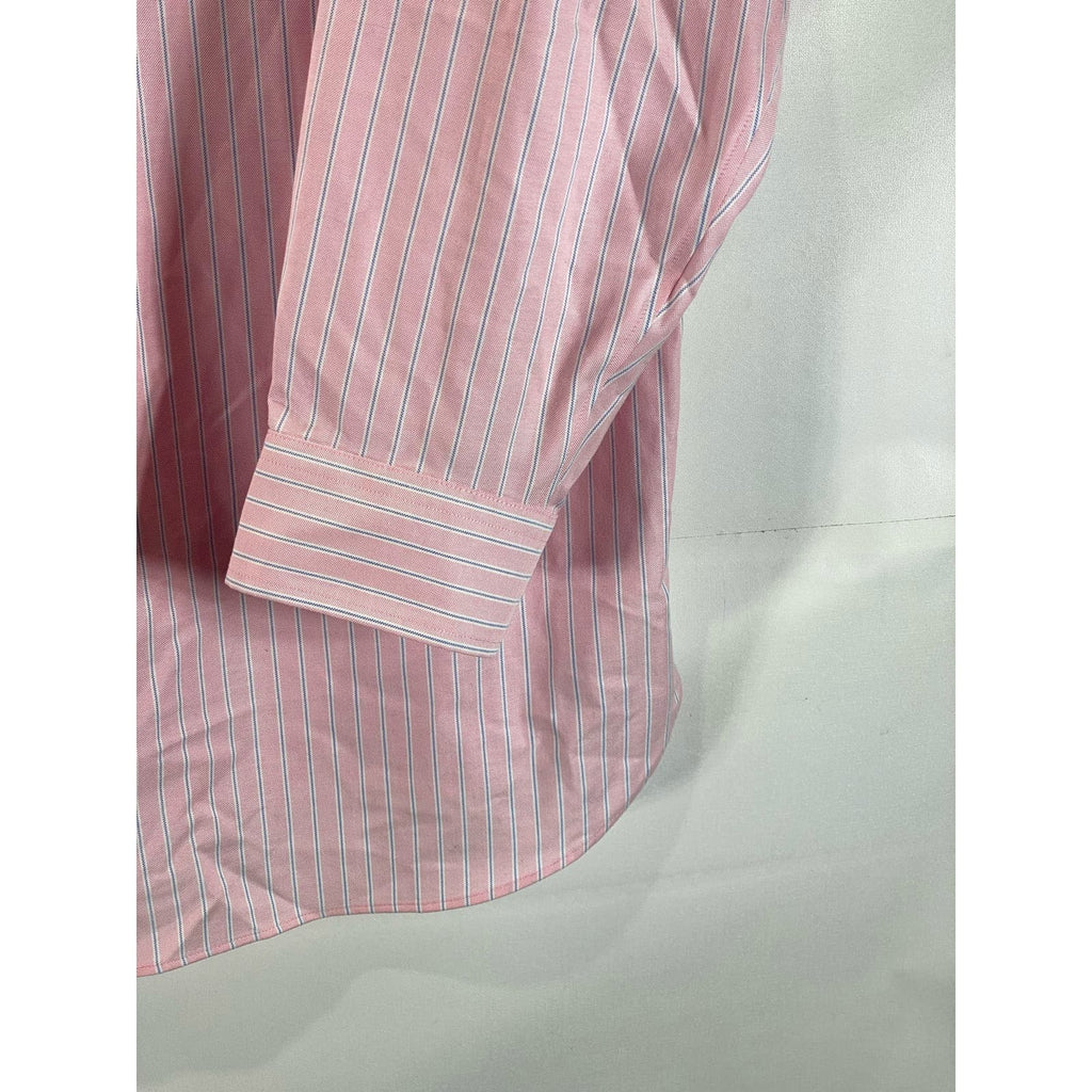 LANDS' END Men's Pink Striped Traditional-Fit No Iron Oxford Shirt SZ 17.5-34