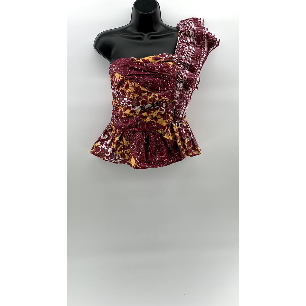 LOVE THE LABEL Women's Red Printed Ruffle One-Shoulder Smocked Top SZ M