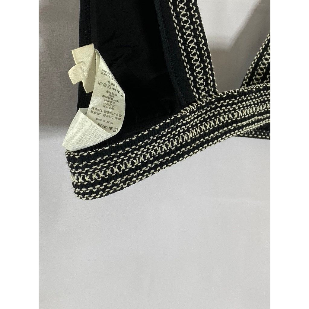 KISUII Women’s Black-White Overstitch V-Neck Pullover Bikini Top SZ M