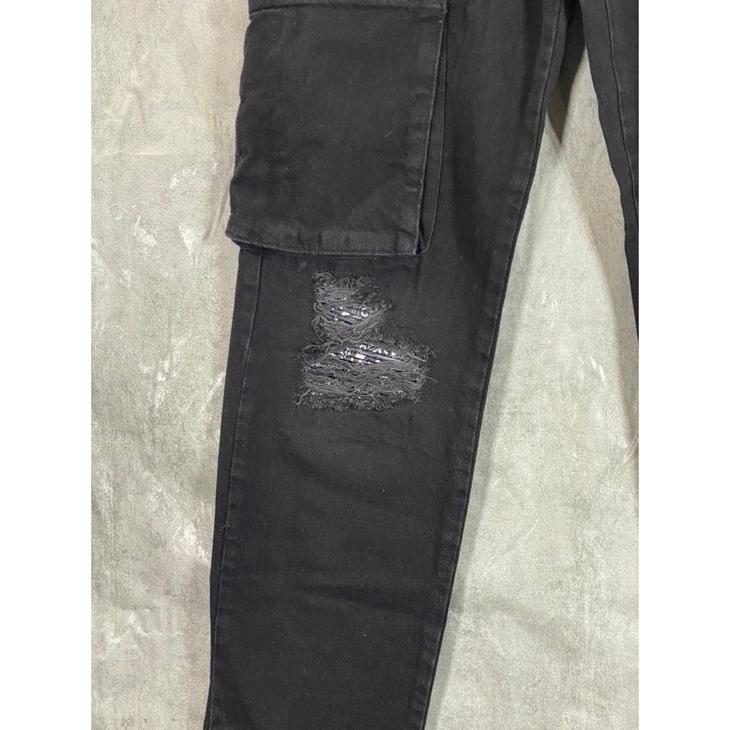 MAN BOOHOOMAN Men's Black Distressed Stretch Popper Hem Cargo Jeans SZ 36