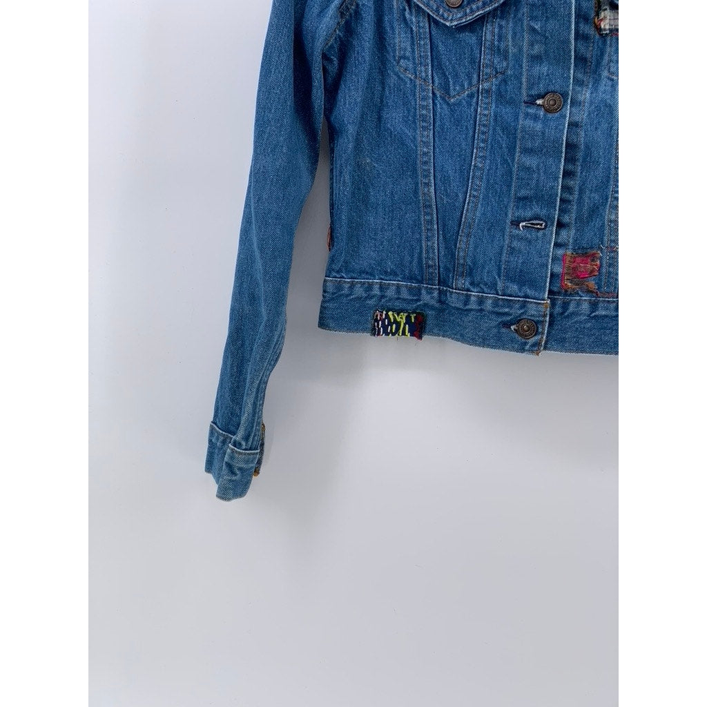LEVI'S Women's Denim Blue Patchwork Button-Up Long Sleeve Trucker Jacket SZ S