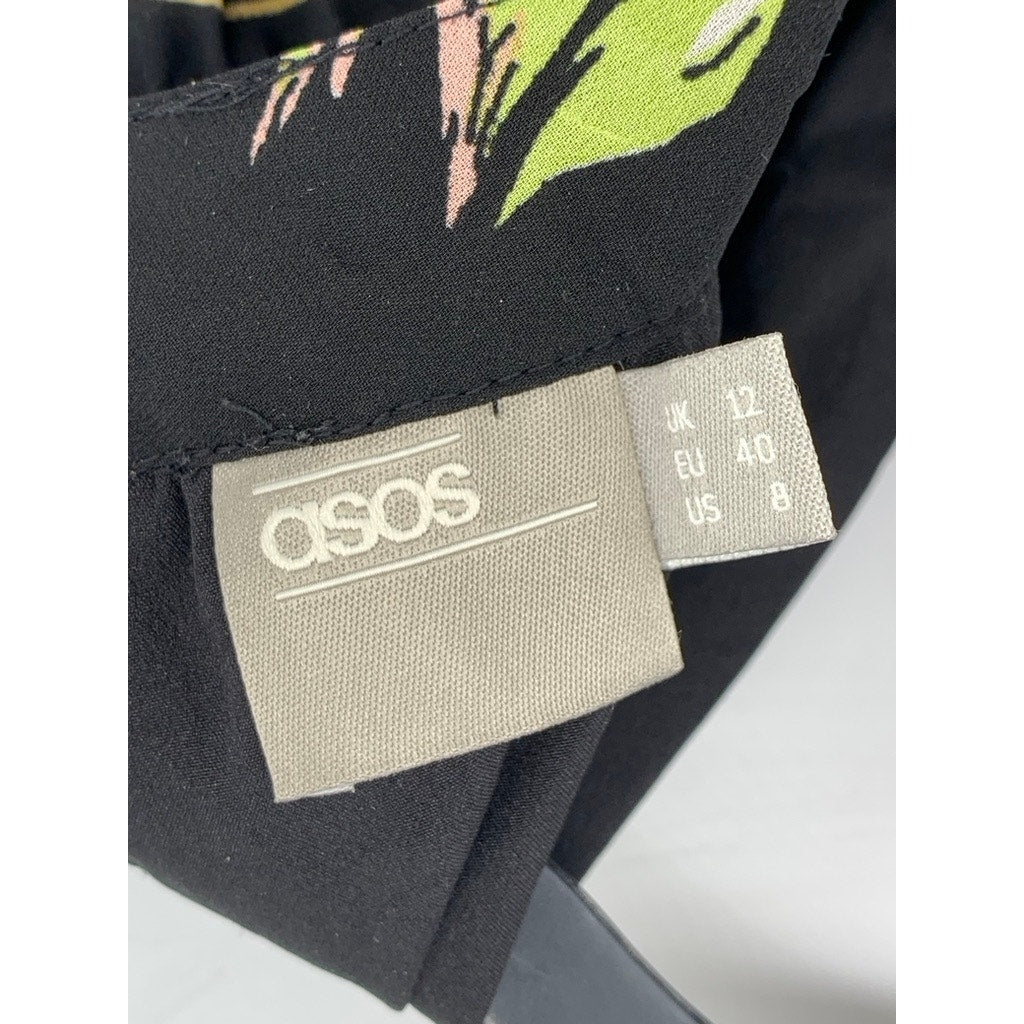 ASOS Women's Black Floral Print Long Sleeve Pleated A-Line Knee Length Dress SZ8
