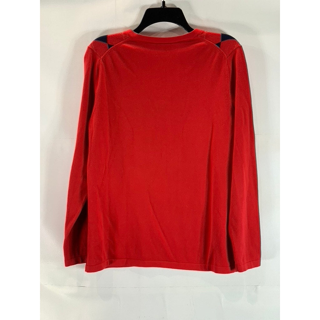 TOMMY HILFIGER Women's Red V-Neck Diamond Argyle Knit Pullover Sweater SZ L