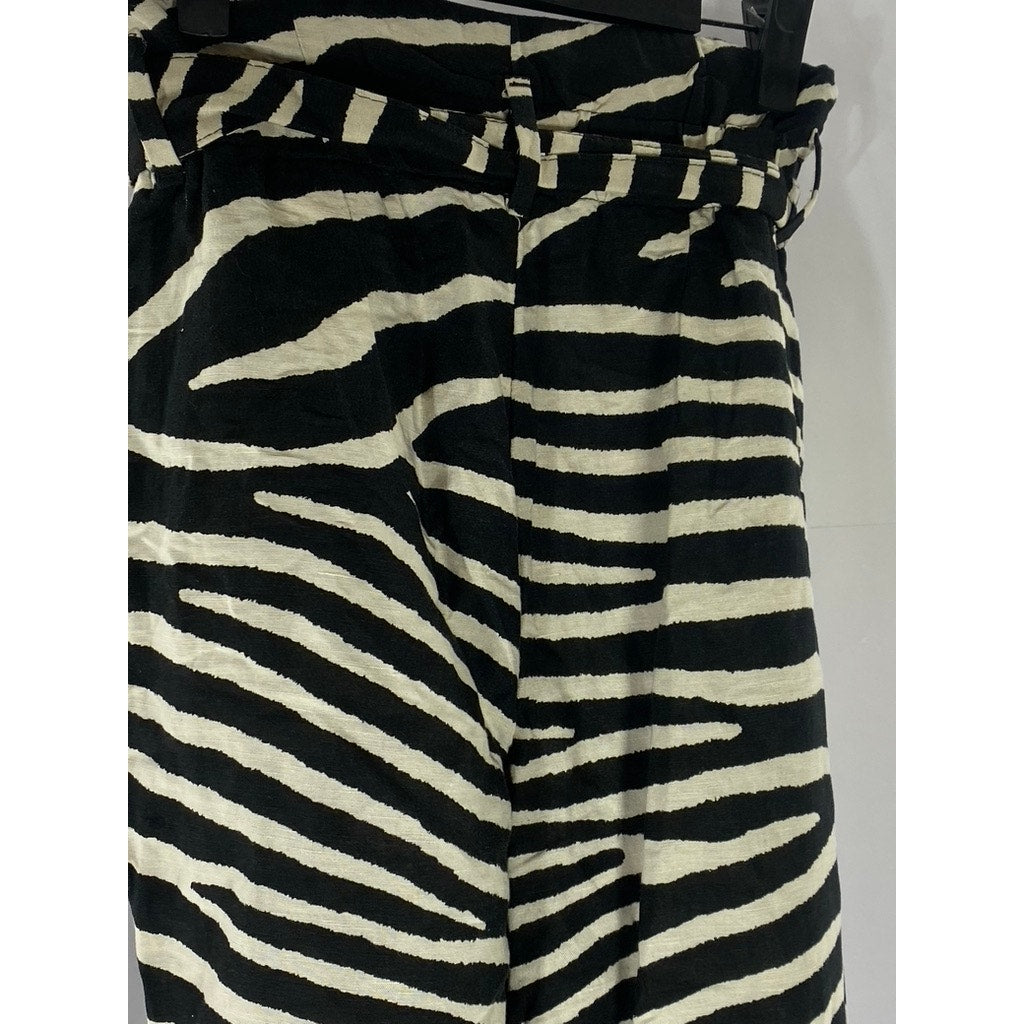 H&M Women's Black-White Zebra Linen-Blend High-Rise Belted Paper-Bag Pant SZ 4