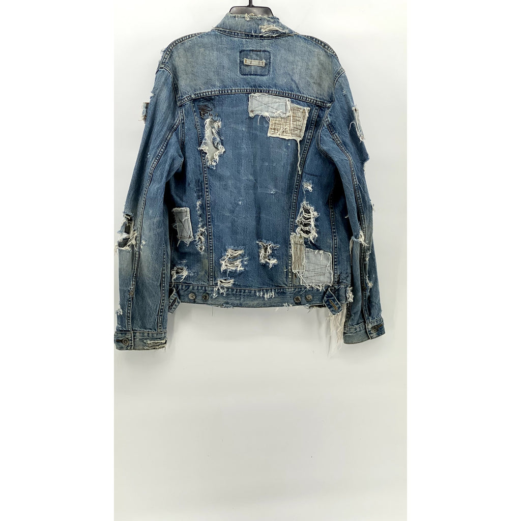 LEVI'S Men's Medium Wash Distressed Patchwork Streetwear Button-Up Jacket SZ M/L