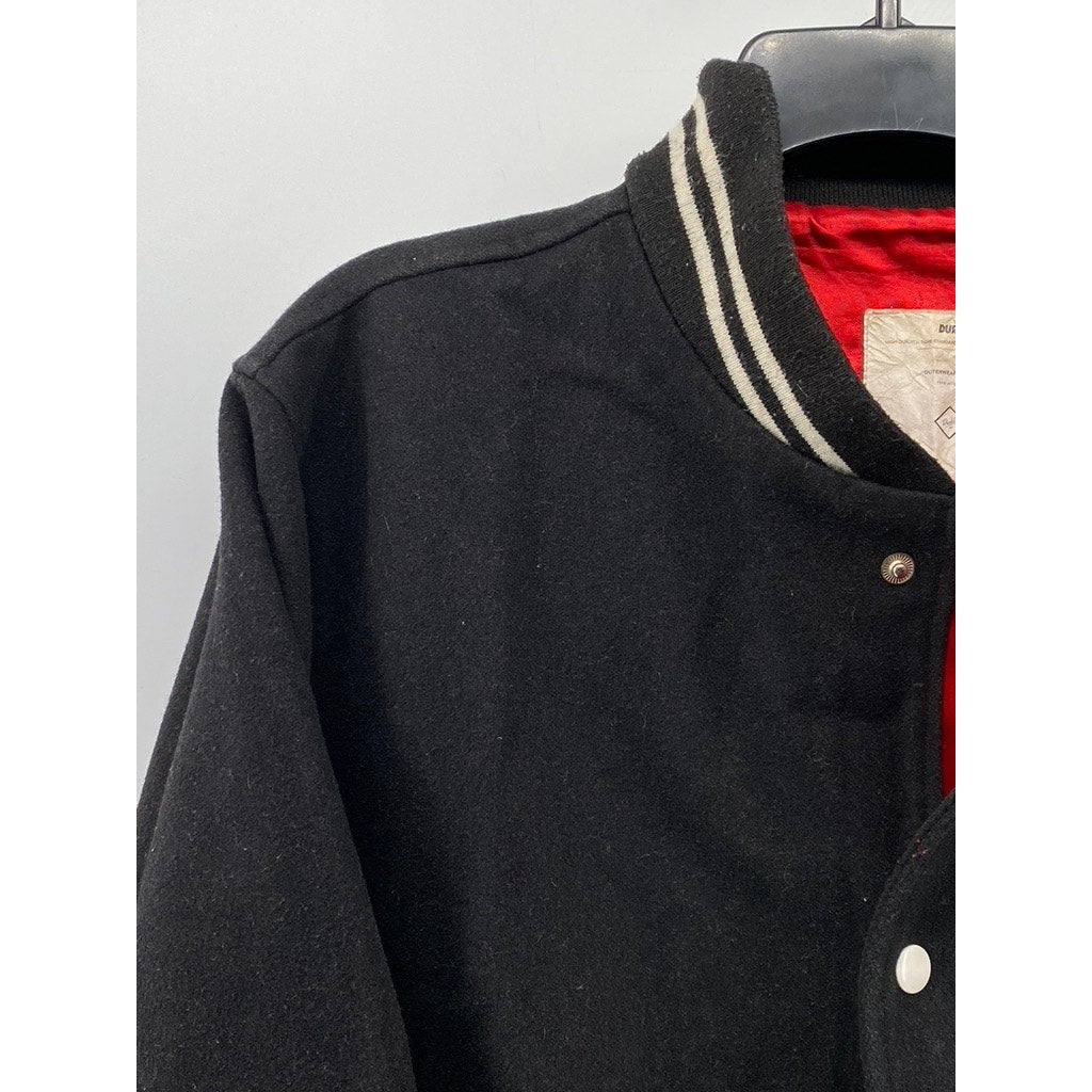 DURKL Men's Vintage Black-White Button-Up Striped-Trim Varsity Jacket SZ M