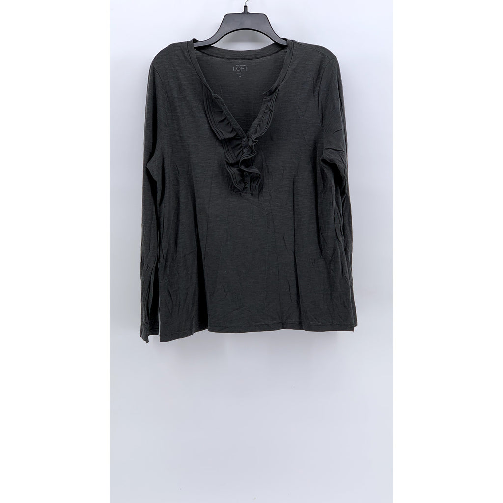 ANN TAYLOR LOFT Women's Charcoal Ruffle V-Neck Long Sleeve Top SZ XL