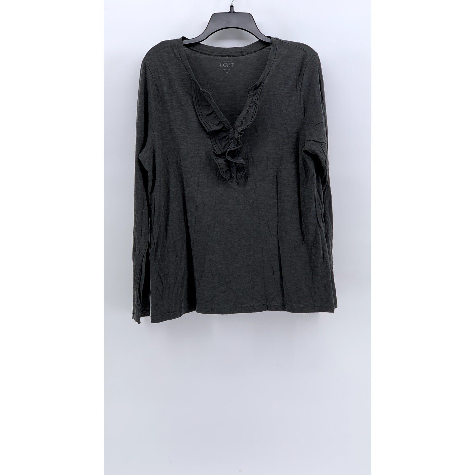 ANN TAYLOR LOFT Women's Charcoal Ruffle V-Neck Long Sleeve Top SZ XL