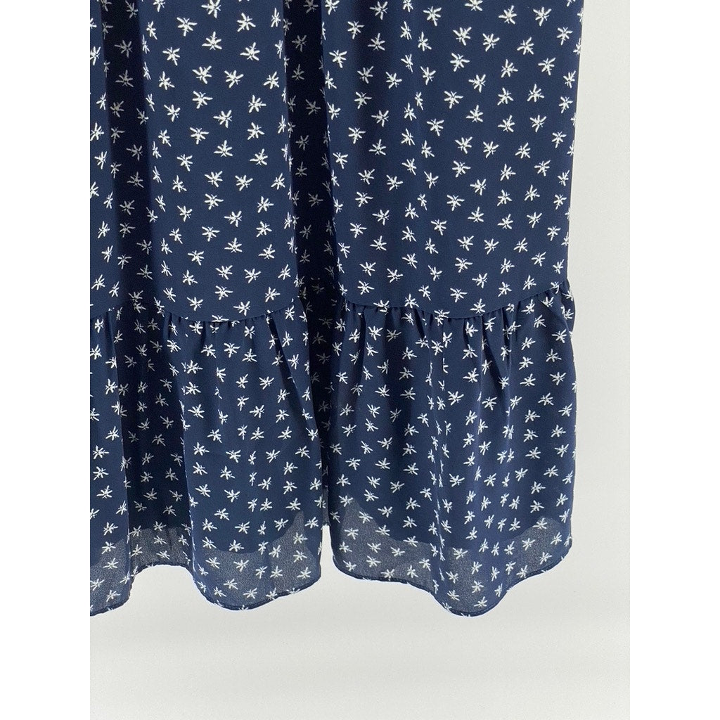 J.CREW MERCANTILE Women's Blue-White Printed Split-Neck Midi A-Line Dress SZ XXS