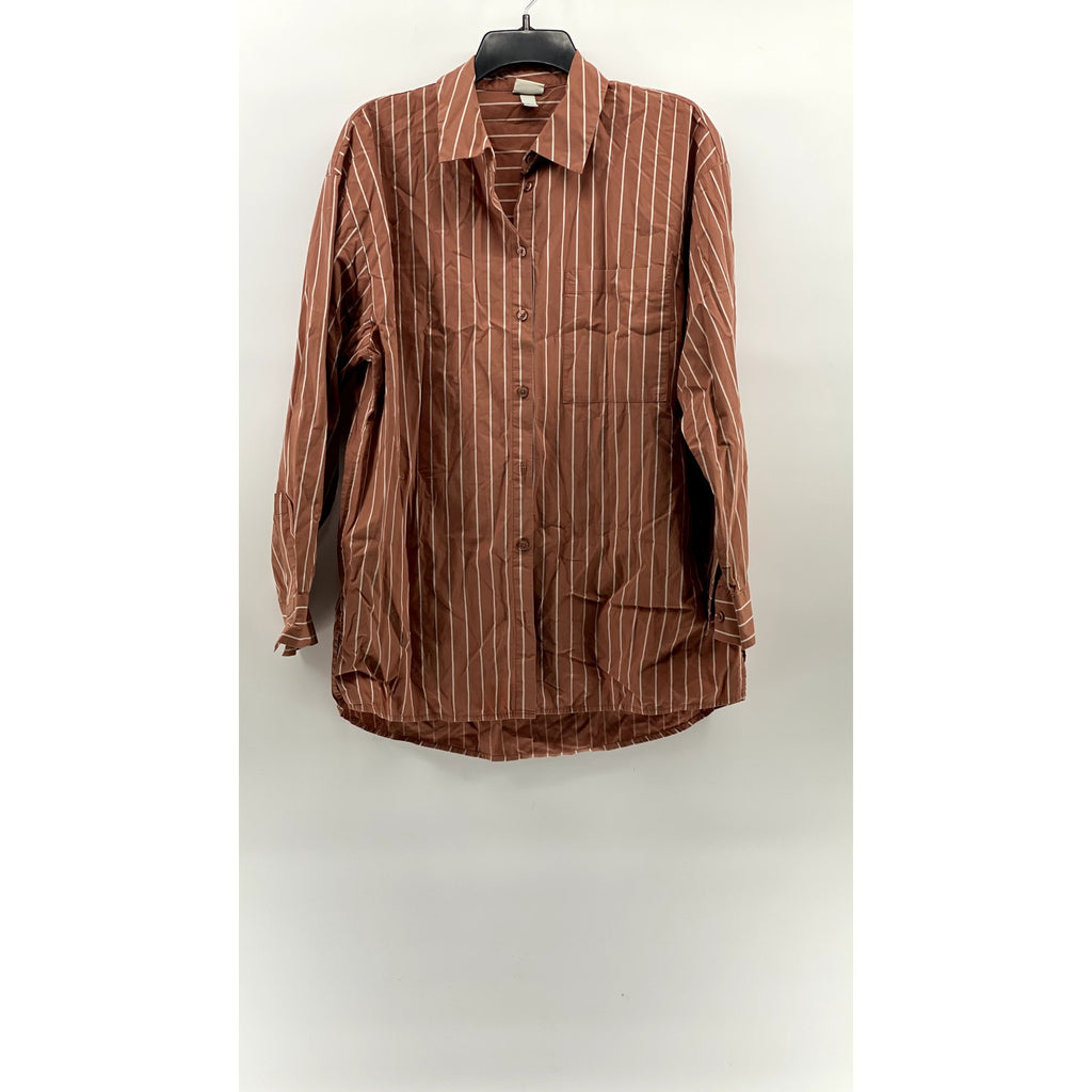 A NEW DAY Women's Terracotta-White Striped Button-Up Long Sleeve Top SZ L