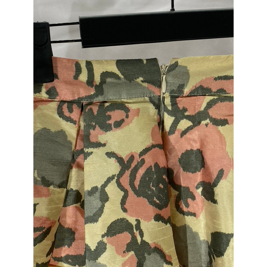 ASOS Women's Tan-Gray Floral Pleated A-Line Knee Length Skirt SZ 2
