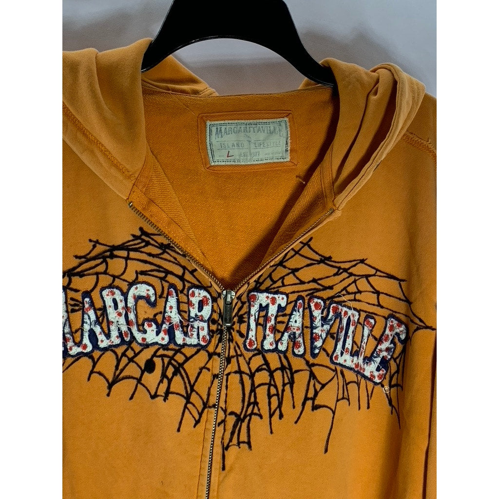 MARGARITAVILLE Men's Vintage Orange Graphic Zip-Up Hooded Sweater SZ L