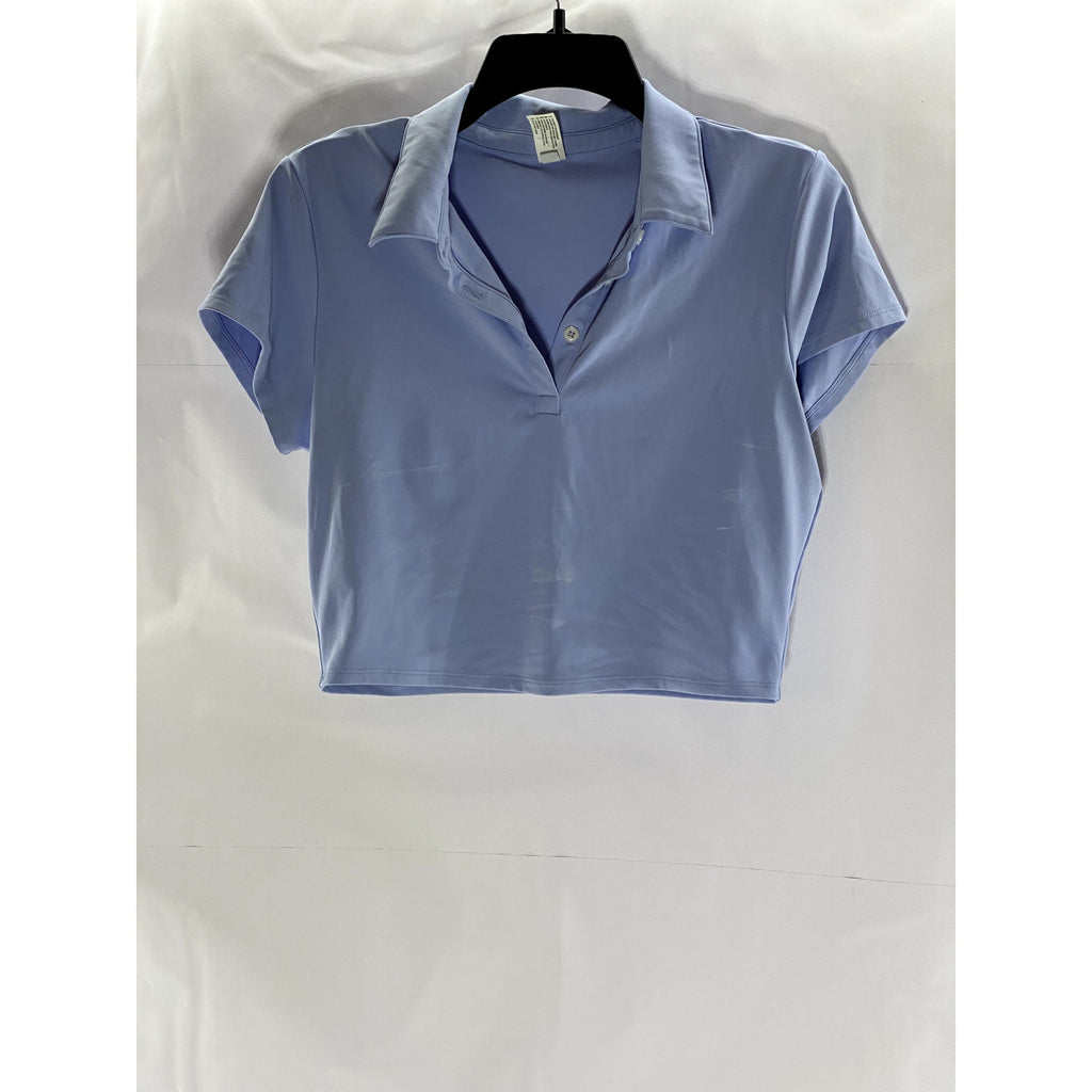 90 DEGREE By REFLEX Women's Light Blue Short Sleeve Cropped Tennis Polo Top SZ L