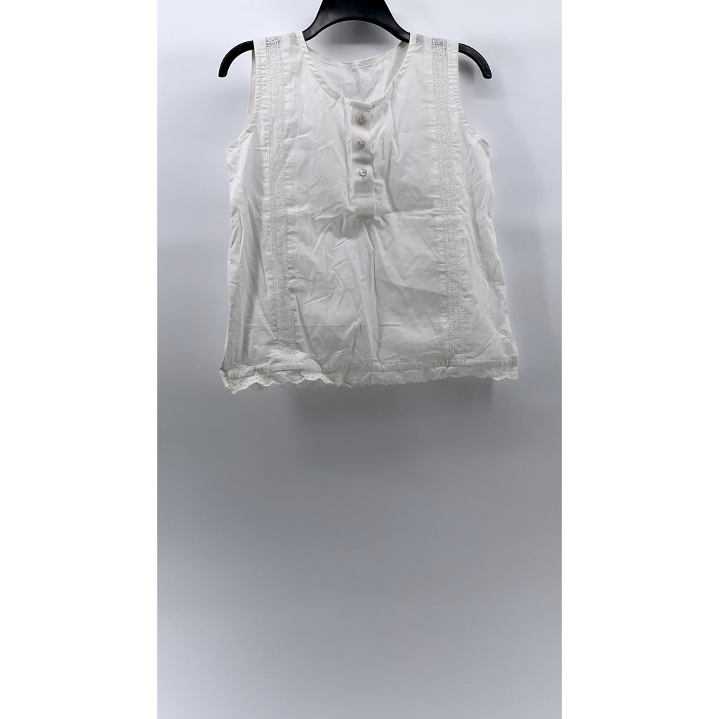 UNBRANDED Women's White Crewneck Sleeveless Eyelet Floral Trim Top SZ S