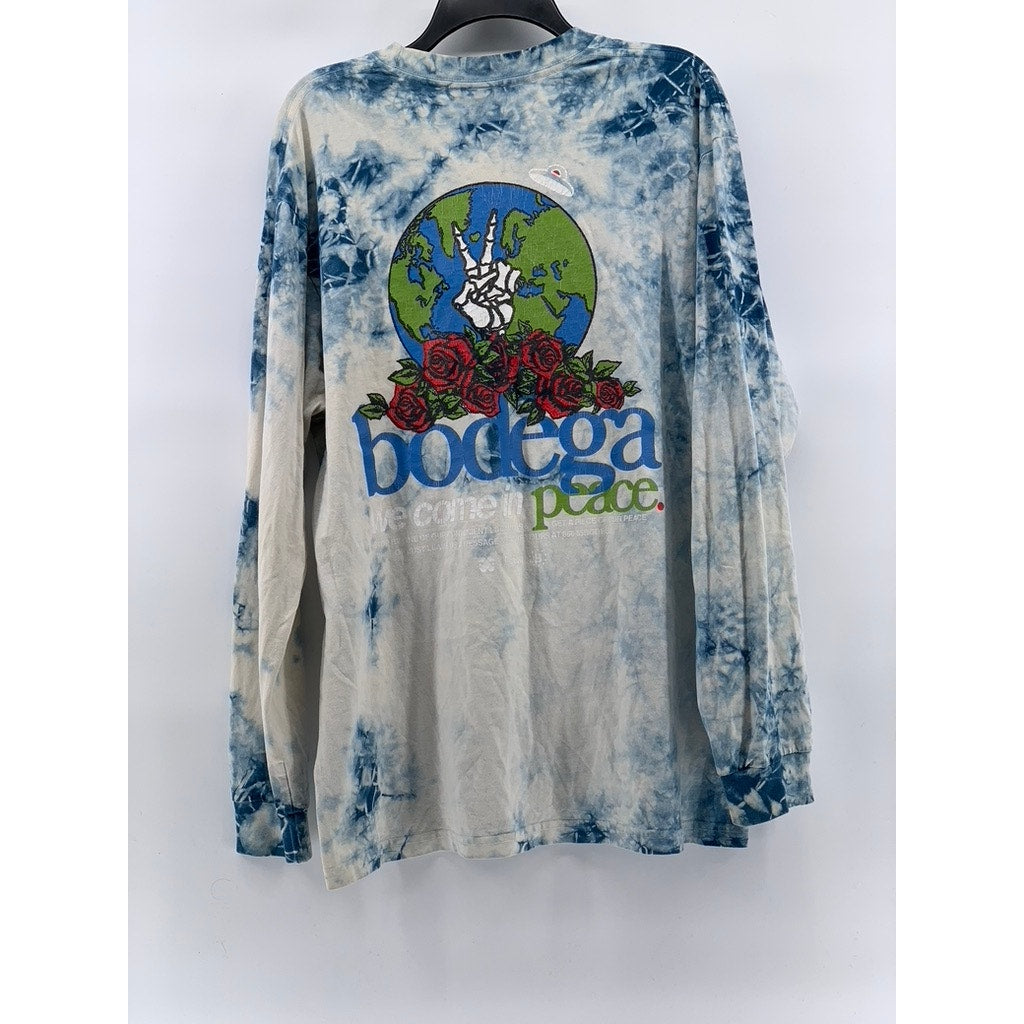 BODEGA Men's Blue-White Tie-Dye Graphic Logo Crewneck Long Sleeve T-Shirt SZ L