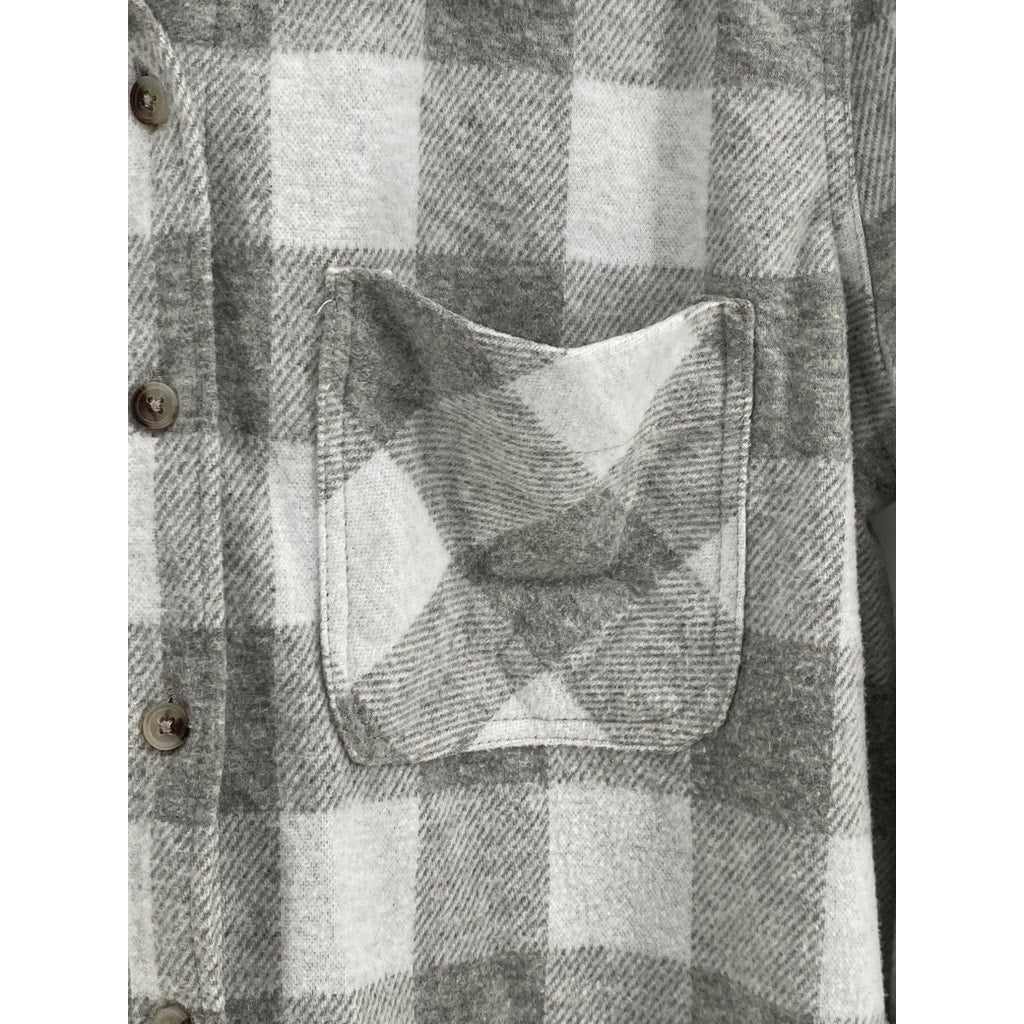 BEACHLUNCHLOUNGE Women's Gray-White Plaid Button-Up Long Sleeve Top SZ M