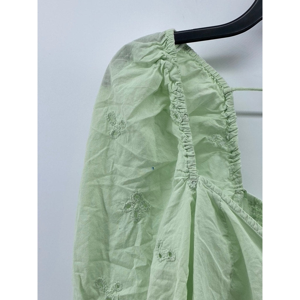 ZARA Women’s Mint Green Embroidered Eyelet Puff-Sleeve Crop Top SZ M