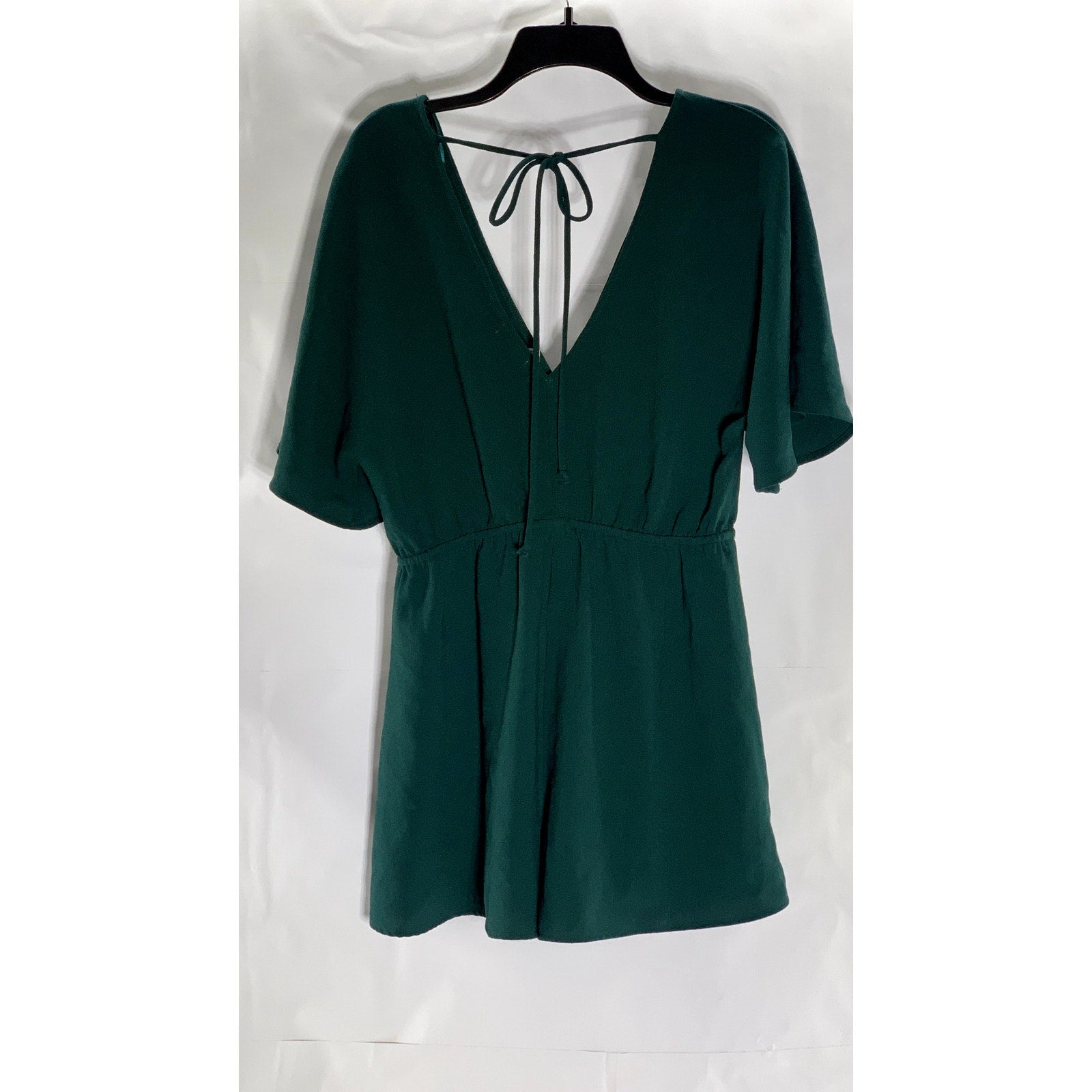 LEITH Women's Dark Green Emerald V-Neck Flowy Short Sleeve Tie-Back Romper SZ M
