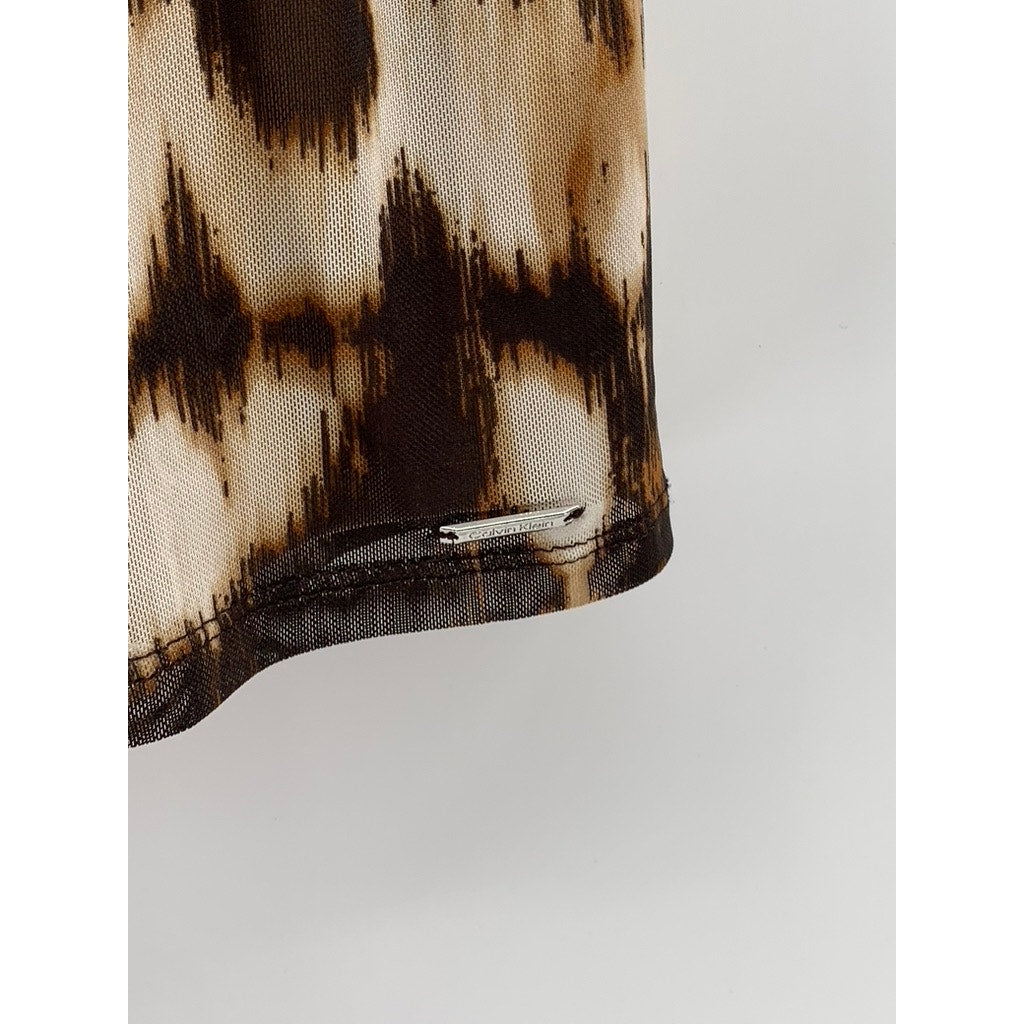 CALVIN KLEIN Women's Brown-Black Abstract Print Short Sleeve Crewneck Top M