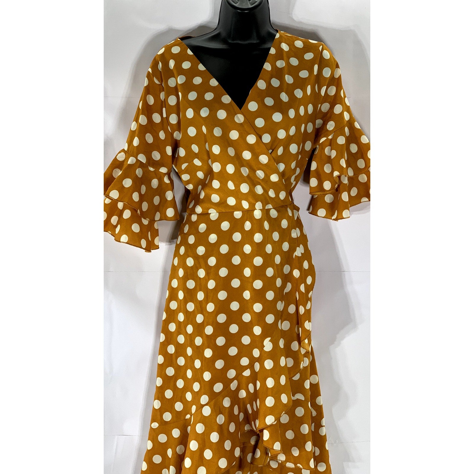 SHEIN Women's Carmel Brown-White Polka Dot Surplice Ruffle-Hem Dress SZ L