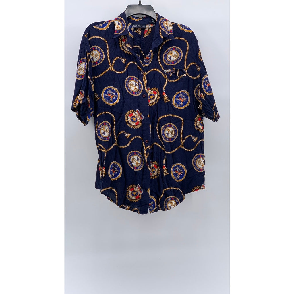 HUNTERS RUN Women's Vintage Navy Nautical Sailor Short Sleeve Button-Up Top SZ L