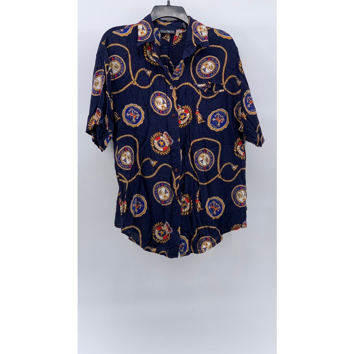 HUNTERS RUN Women's Vintage Navy Nautical Sailor Short Sleeve Button-Up Top SZ L