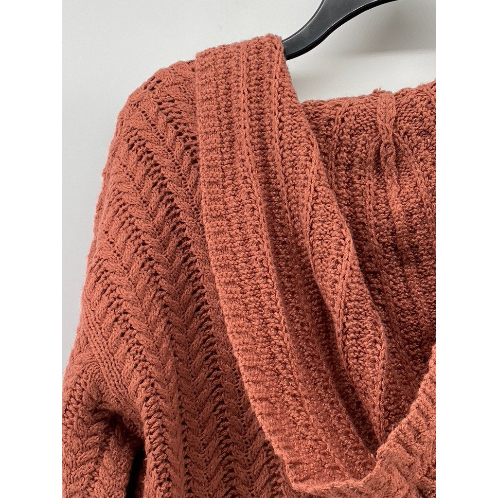 PINK ROSE Women's Rust Knit Open-Front Hooded Long Sleeve Duster SZ S