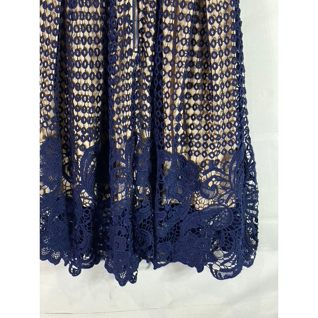 AQUA Women's Navy/Nude Eyelet Lace-Trim Sleeveless A-Line Mini Dress SZ S