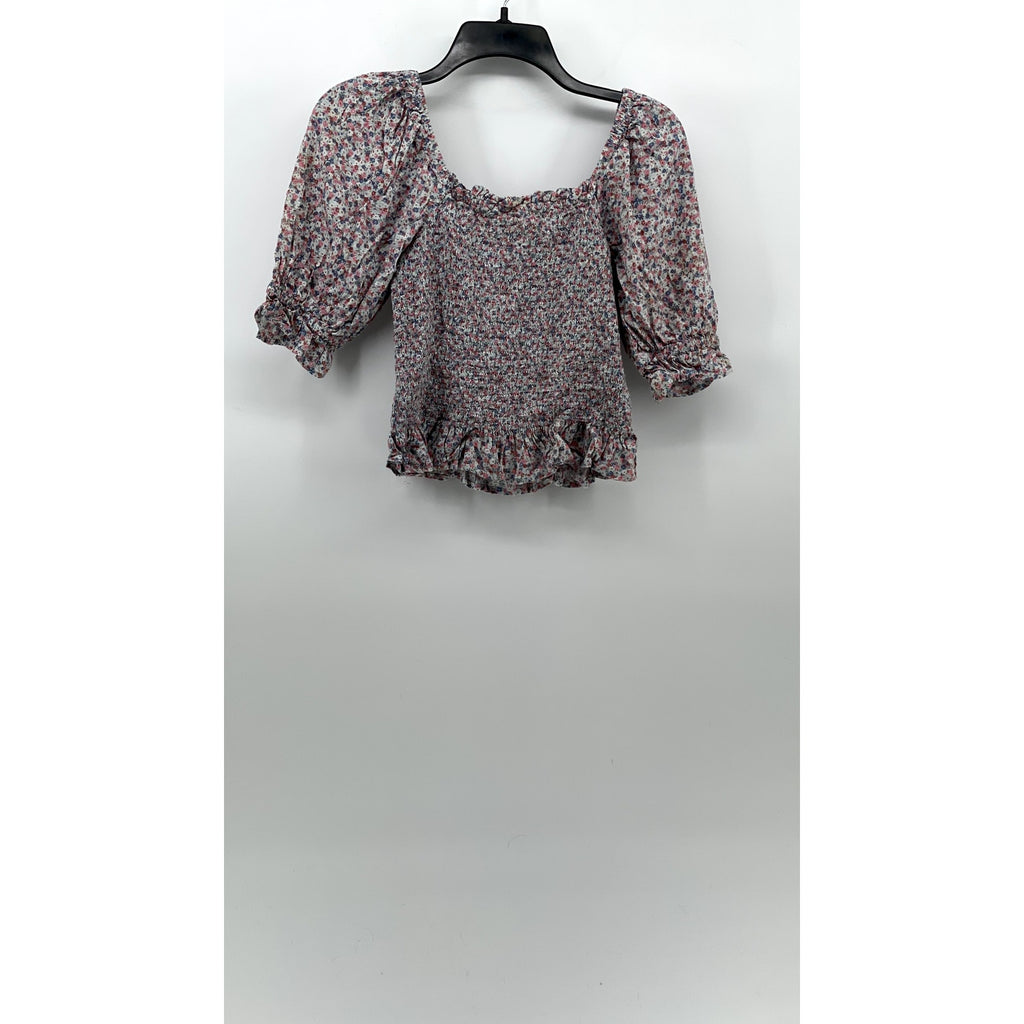 GAP Women's Pink-Blue Floral Straight-Neck Puff Elbow Sleeve Smocked Top SZ S