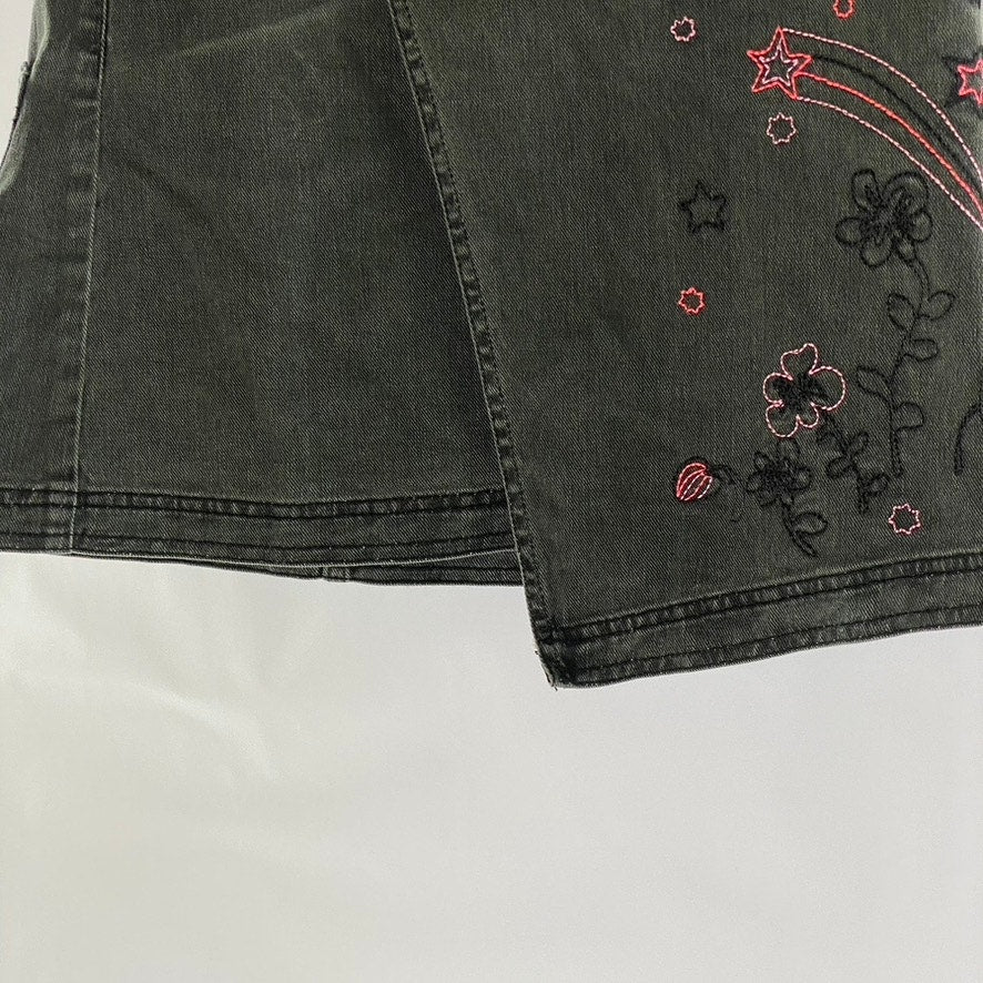 H&M Women's Black Denim Embroidered Star-Flower Mini Wrap Skirt SZ 6
