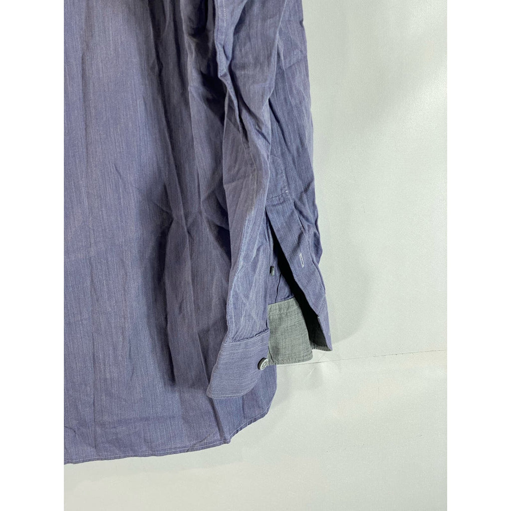 ERMENEGILDO ZEGNA Men's Blue Micro Herringbone Button-Up Long Sleeve Shirt SZ M