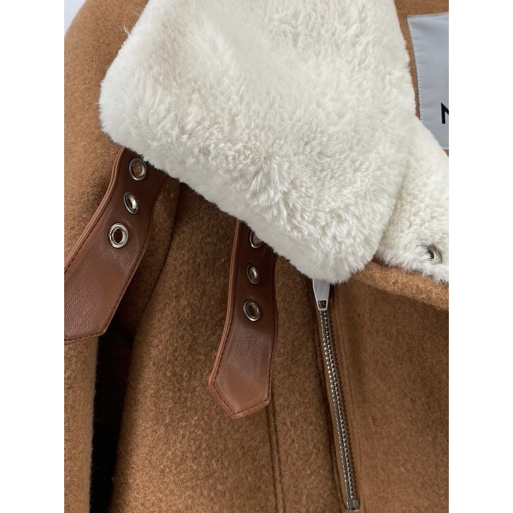 NVLT Women's Tan-White Sherpa Lined Zip-Up Brushed Melton Wool-Blend Jacket SZ S