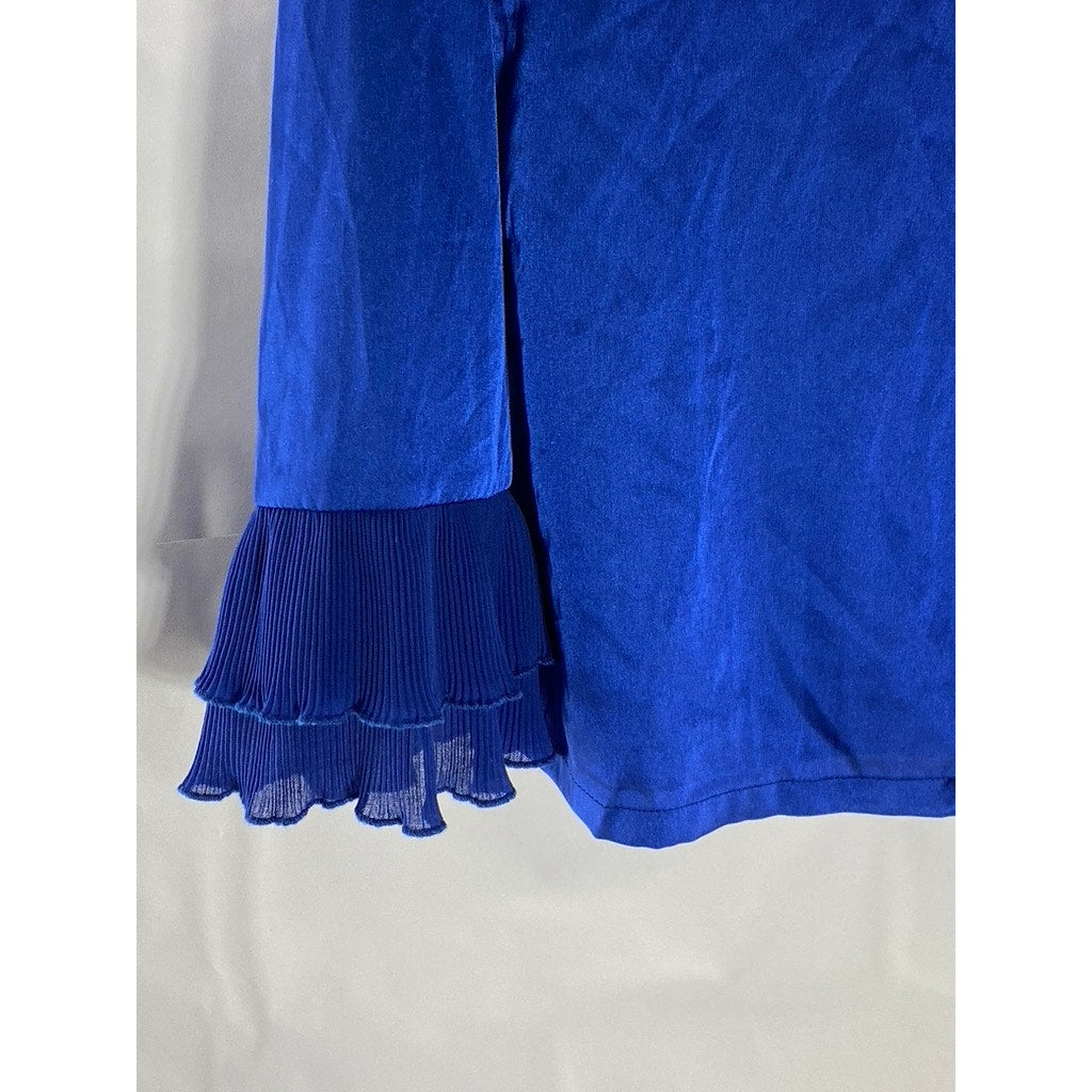 SHEIN Women's Royal Blue Satin Button-Up Ruffle Tiered Long Sleeve Top SZ S