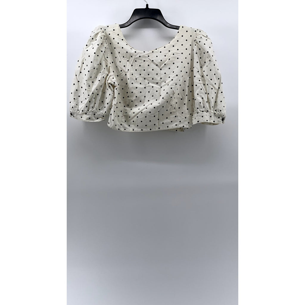 UNBRANDED Women's White-Black Micro Dot Print Balloon Sleeve Cropped Top SZ S