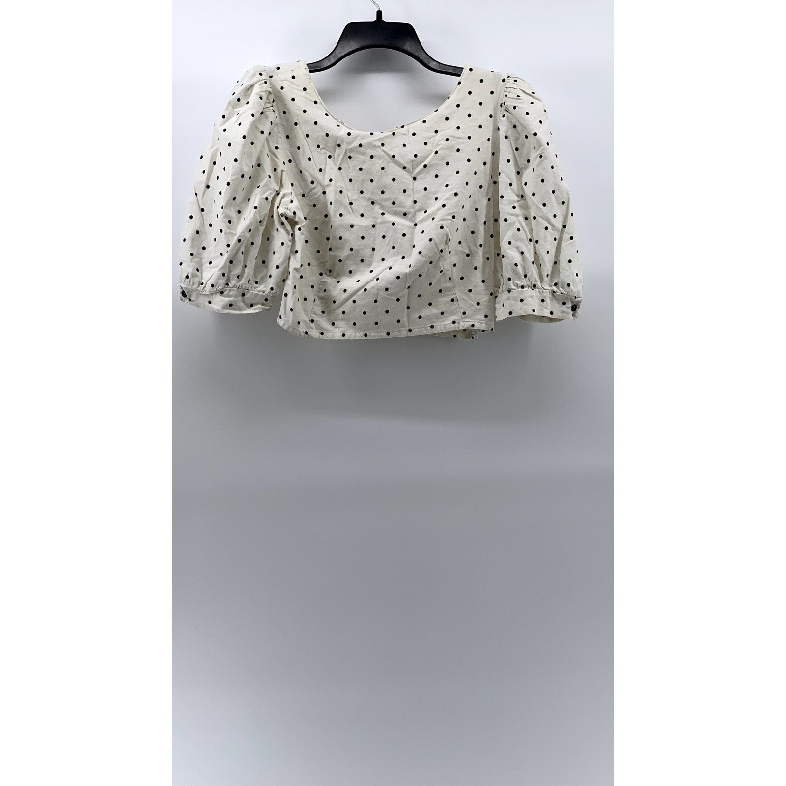 UNBRANDED Women's White-Black Micro Dot Print Balloon Sleeve Cropped Top SZ S