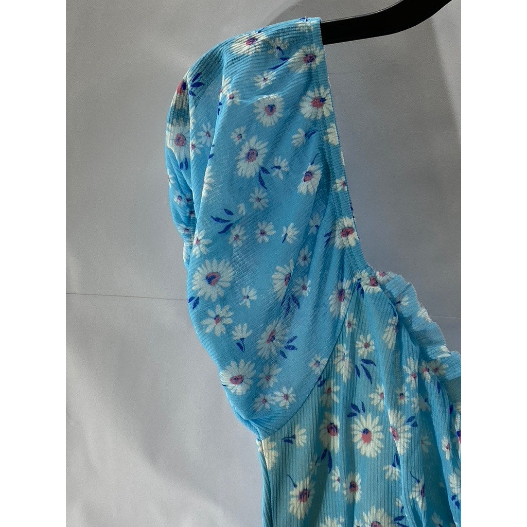 BERSHKA Women’s Light Blue Milkmaid Floral Puff Short Sleeve Mini Dress SZ M