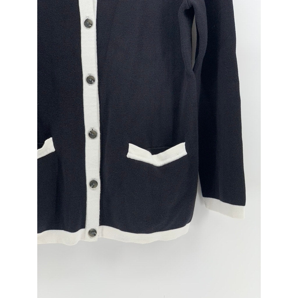 LANDS END Women's Navy-White Trim Button-Up Cardigan SZ S