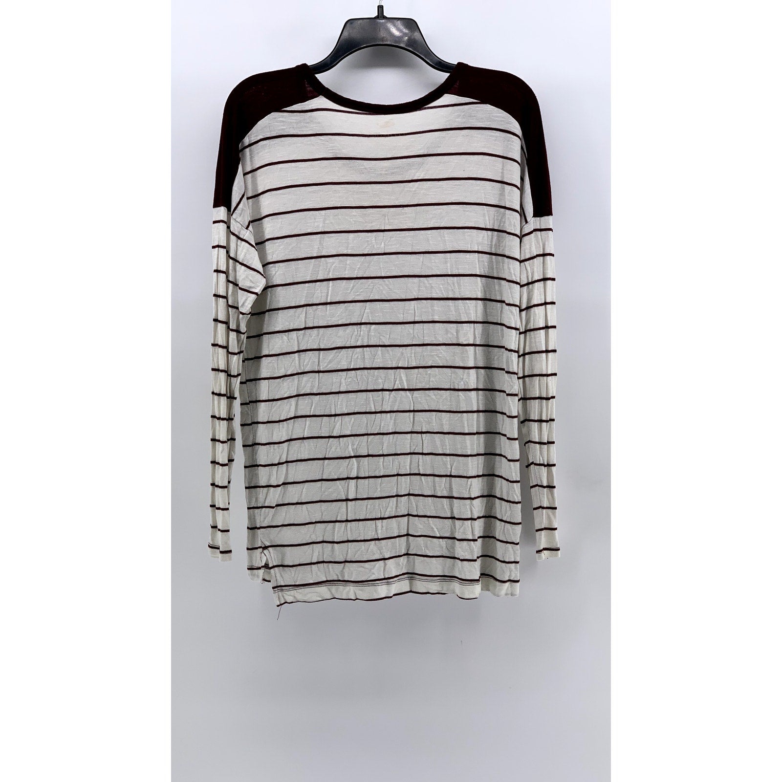 OLD NAVY Women's Burgundy-White Striped Boyfriend Long Sleeve Top SZ M