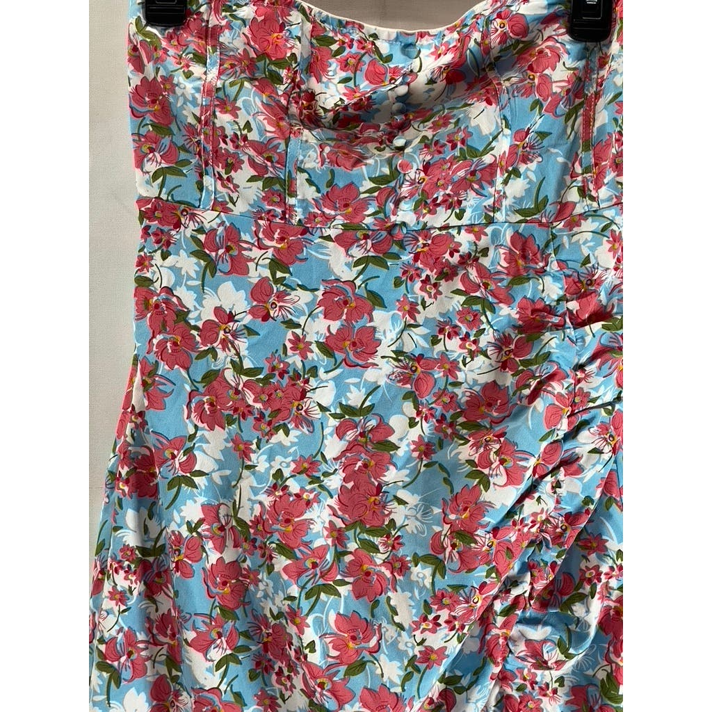 CIDER Women's Pink/Blue Floral Corset Strapless Asymmetrical-Hem Dress SZ S(US4)