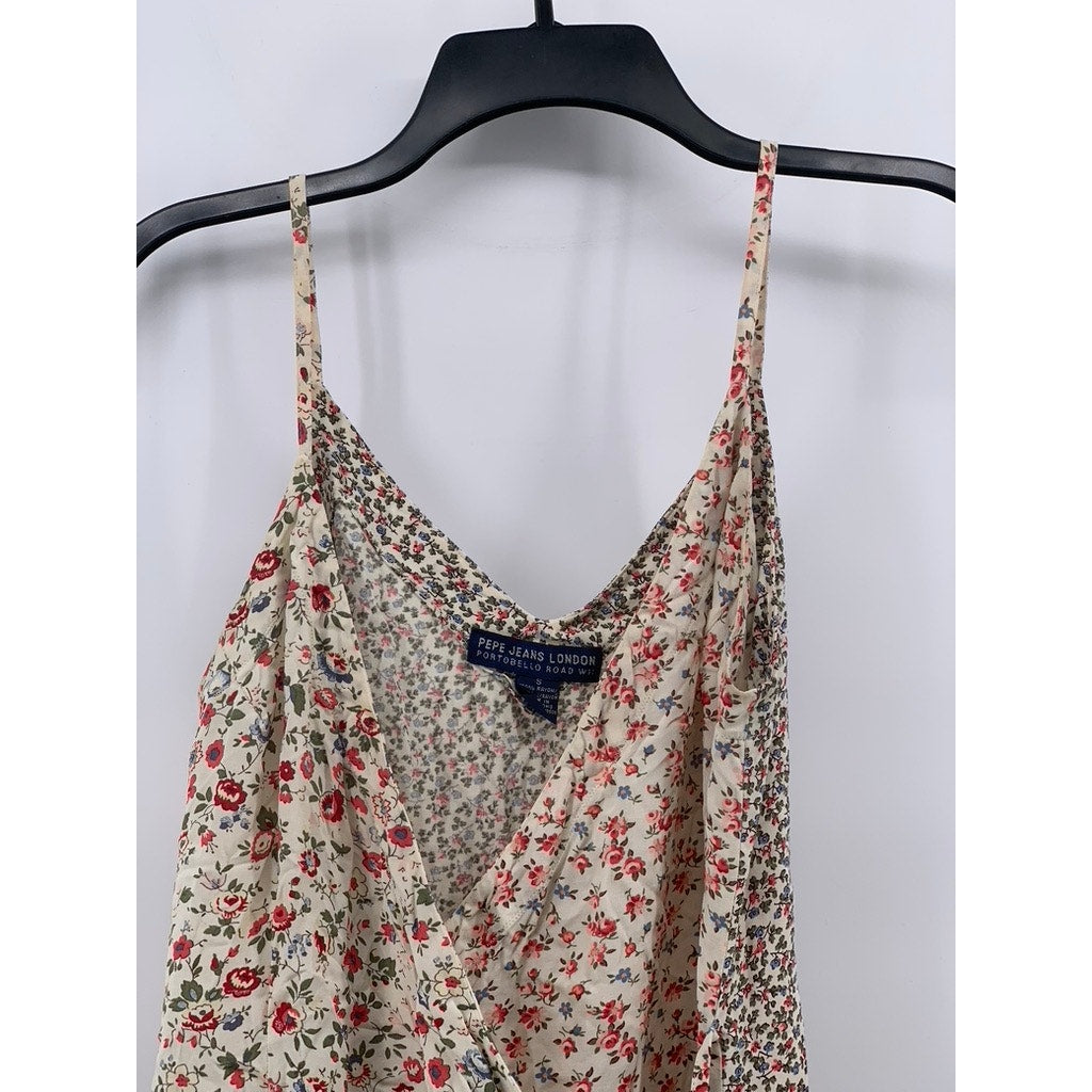 PEPE JEANS LONDON Women's Vintage Beige Floral Print V-Neck Wrap Mini Dress SZ S
