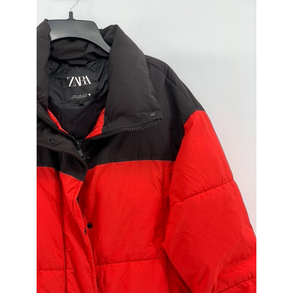 ZARA Women’s Red-Black Colorblock Zip-Up Stand Collar Puffer Jacket SZ M
