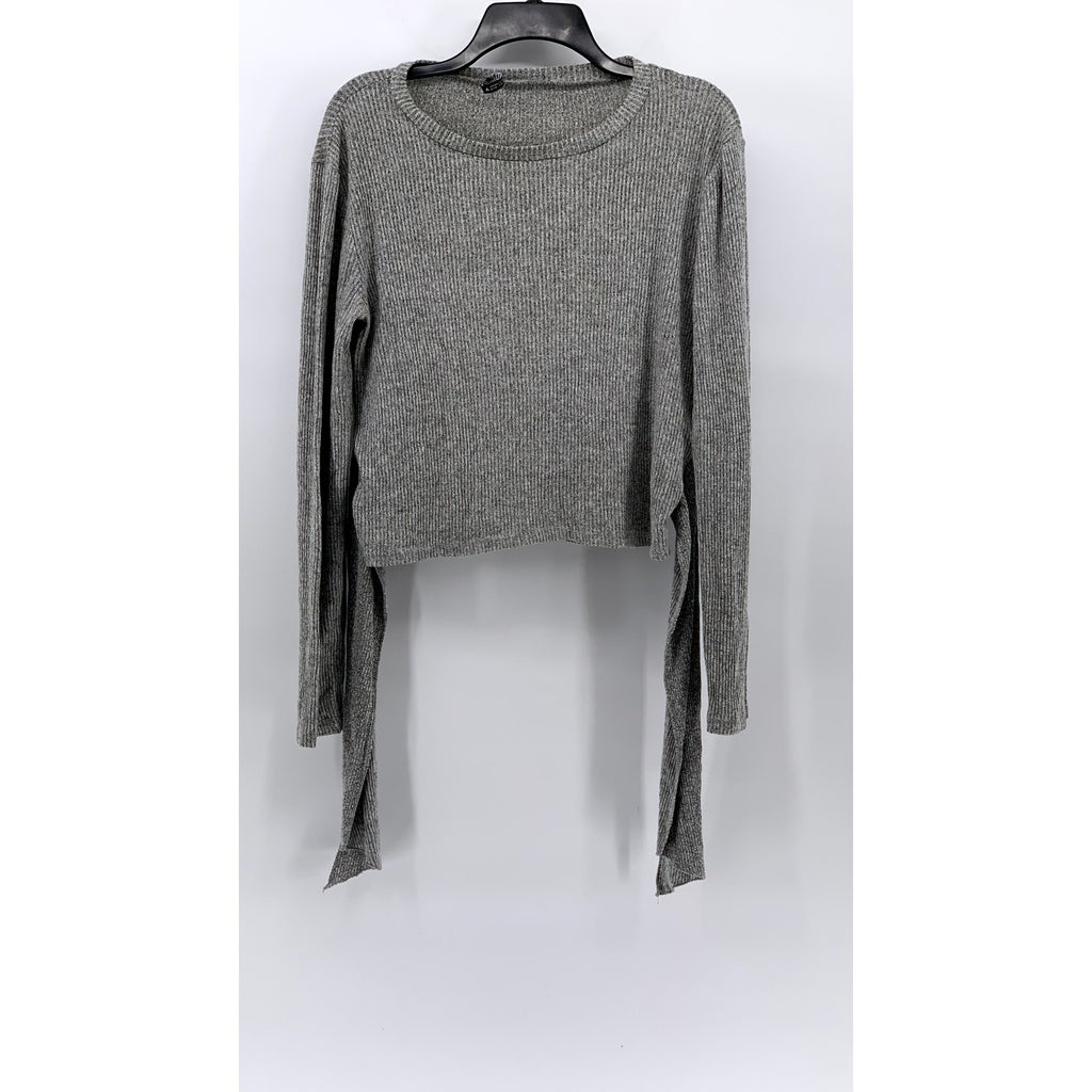 ZARA Women's Light Gray Ribbed Crewneck Long Sleeve Waist Tie Top SZ L