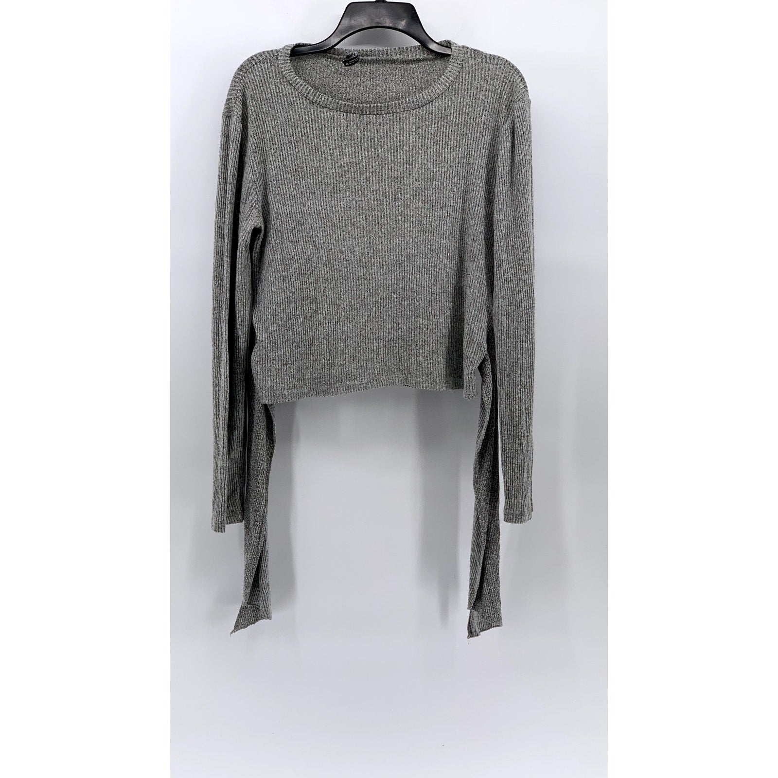 ZARA Women's Light Gray Ribbed Crewneck Long Sleeve Waist Tie Top SZ L