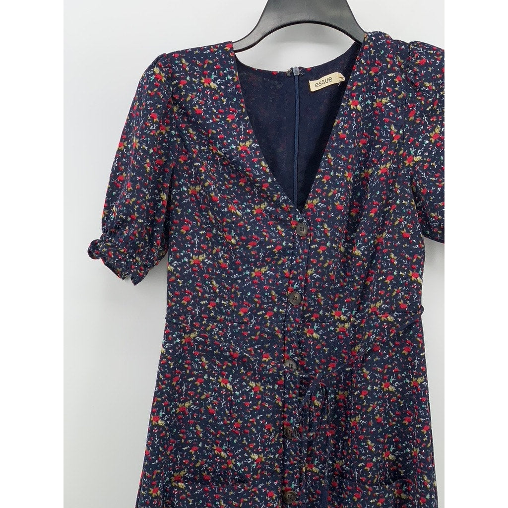 ESSUE Women's Navy Floral Elbow Sleeve V-Neck Tie-Waist A-line Dress SZ S