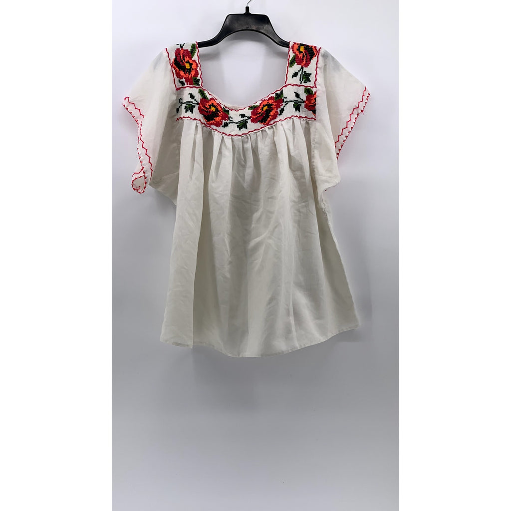 UNBRANDE Women's White-Multi Embroidered Traditional Short Sleeve Blouse SZ L