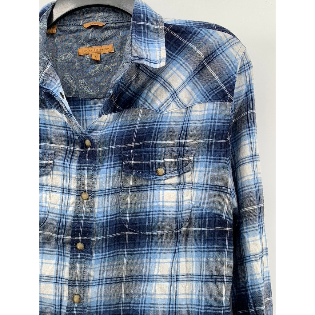 JACHS GIRLFRIEND Women's Blue Plaid Bea Button-Up Long Sleeve Top SZ M
