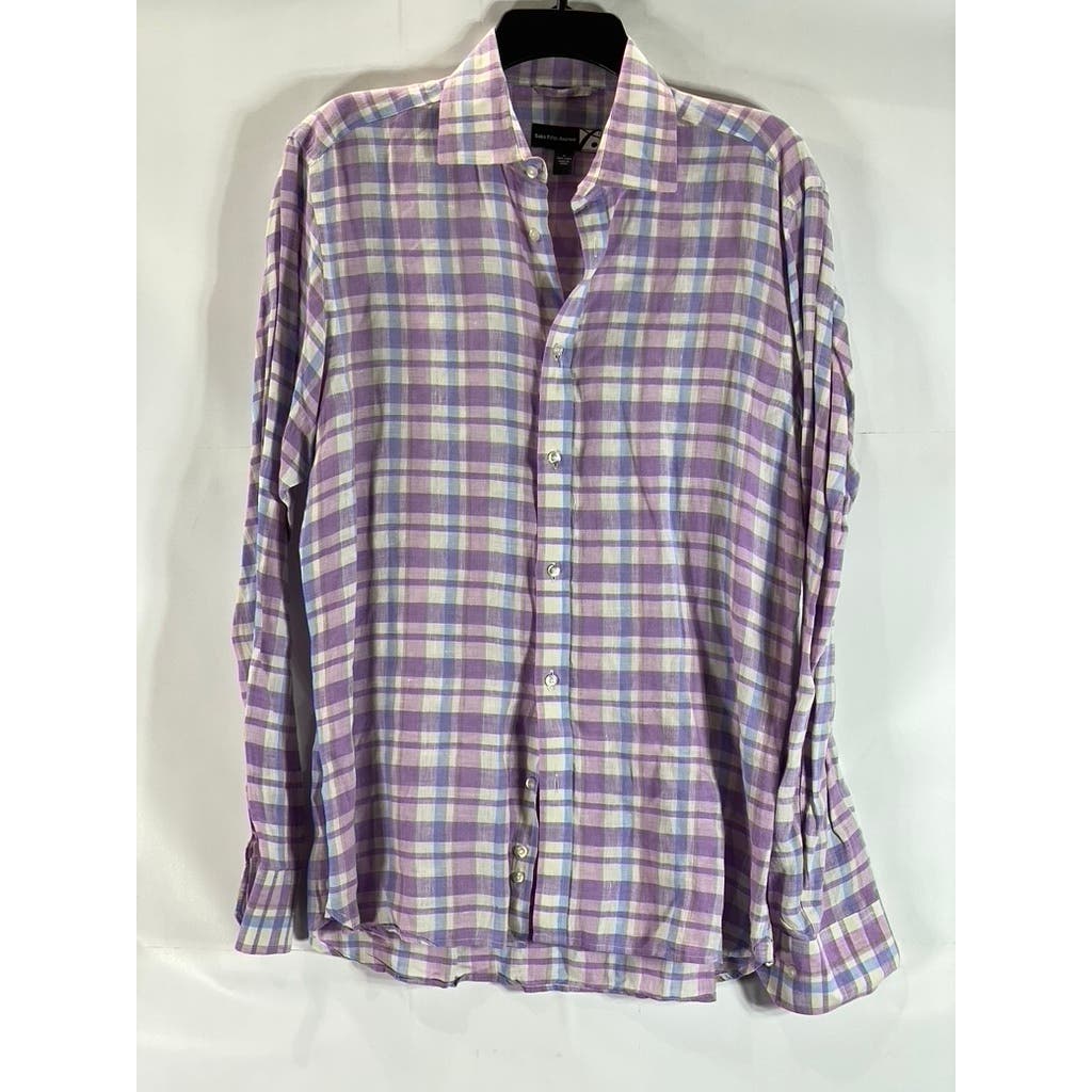 SAKS FIFTH AVENUE Men's Purple/Blue Plaid Linen Button-Up Long Sleeve Shirt SZ M