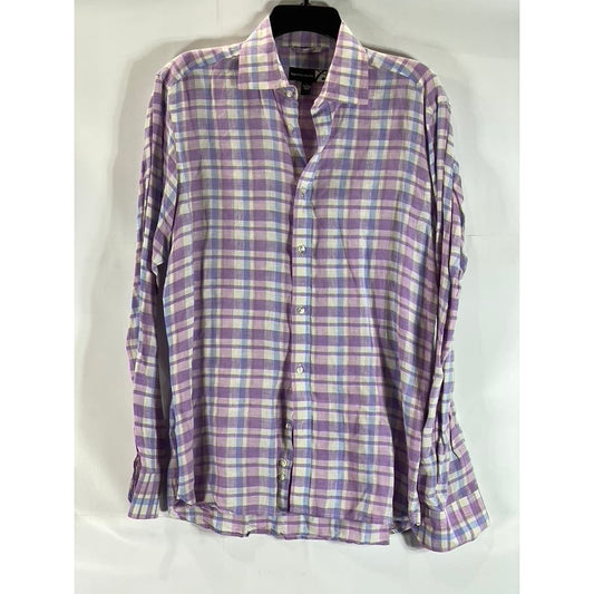 SAKS FIFTH AVENUE Men's Purple/Blue Plaid Linen Button-Up Long Sleeve Shirt SZ M