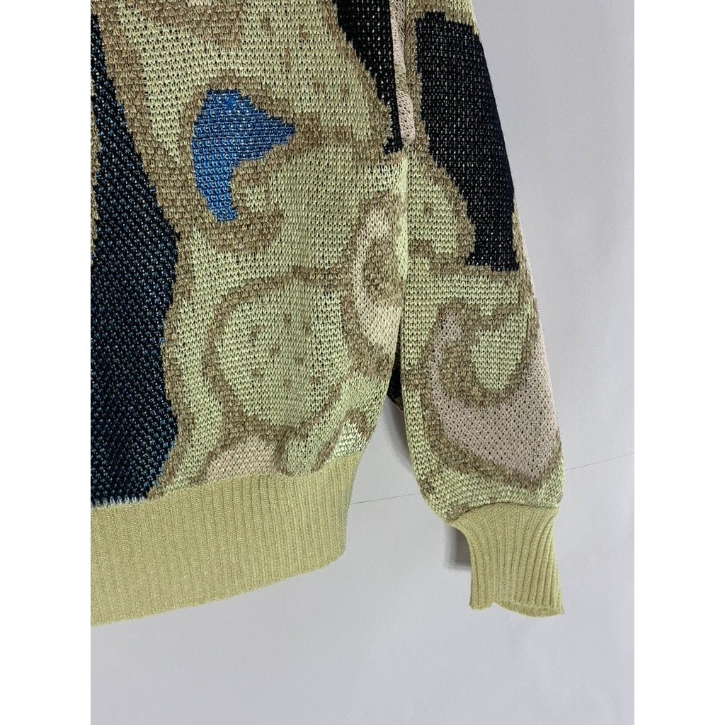 J.T Martin Women's Vintage Tan/Black/Blue Printed Crewneck Knit Sweater SZ 14