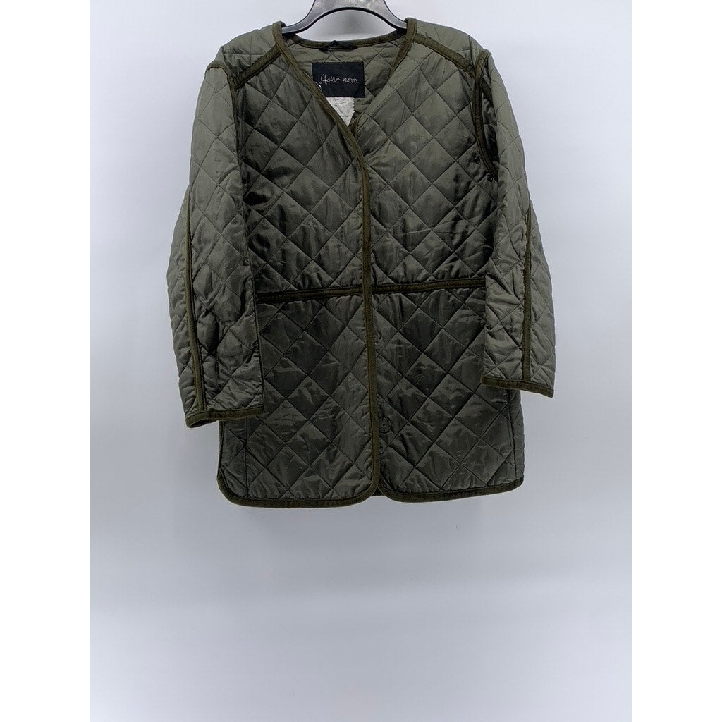 STELLA NOVA Women's Olive Green Button-Up Long Sleeve Quilted Jacket SZ L